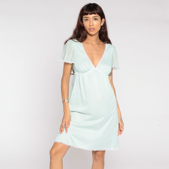 Babydoll Nightgown Pastel Mint Lingerie Slip Dress 70s Mini Boho Sheer Nightgown FLUTTER SLEEVE Sexy Pajama Vintage Medium