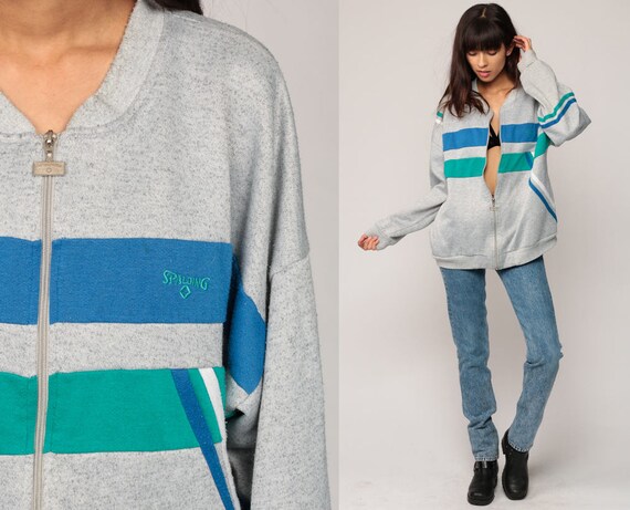 Zip Up Sweatshirt SPALDING Retro Track Jacket 80s Striped Warmup Jacket Hipster Grey Striped 1980s Sport Vintage Gym Green Blue Extra Large