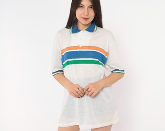 80s Striped Polo Shirt White Blue Orange Green Robert Bruce Cotton Collared Top Boxy Preppy Collegiate Tennis Mens Womens Vintage Large L