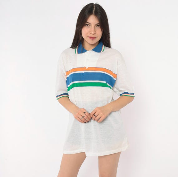 80s Striped Polo Shirt White Blue Orange Green Robert Bruce Cotton Collared Top Boxy Preppy Collegiate Tennis Mens Womens Vintage Large L