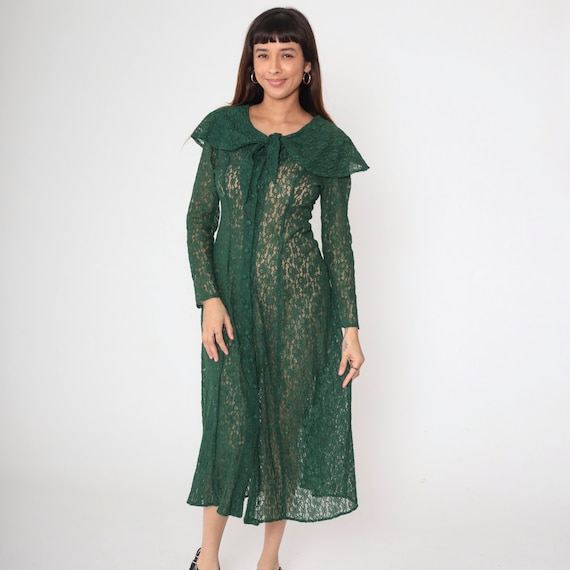90s Green Lace Dress Sheer Midi Dress Button Up Party Peter Pan Collar Long Sleeve See Through Capelet Neck Tie Vintage 1990s Small S