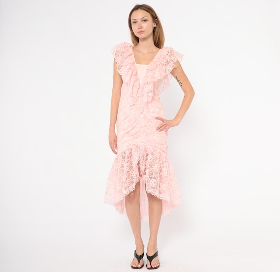 80s Pink Lace Dress Ruffle Sleeve Mermaid Hem Floral Coquette Fairy Blush Rose Drop Waist Sheer Feminine Romantic Prom Party Vintage Small S