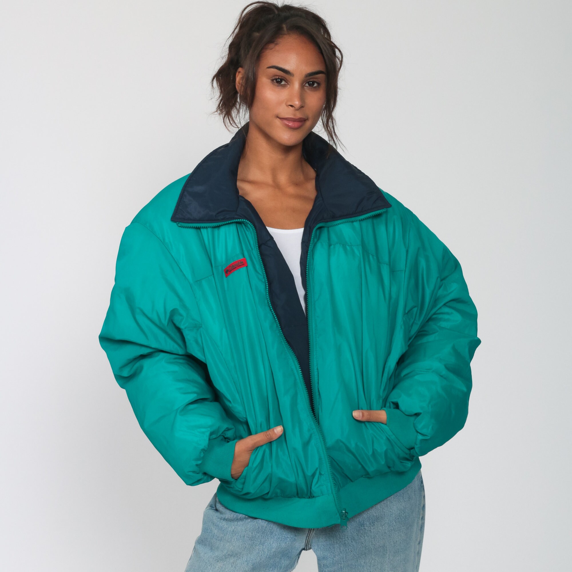 Columbia Ski Jacket REVERSIBLE Jacket GOOSE DOWN Fill Turquoise Green