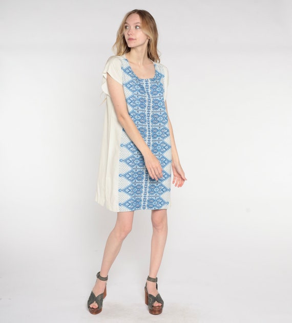 Vintage Geometric Shift Dress 90s Embroidered Aztec Print Mini Dress Grunge White Blue Cap Sleeve Day Dress Retro Casual Summer 1990s Medium