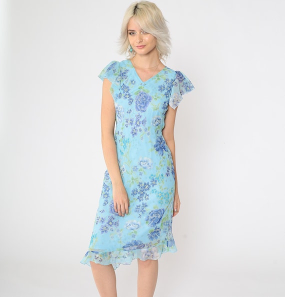 90s Sparkly Floral Dress Vintage Blue Asymmetrical Chiffon Midi Dress V Neck Bohemian Cap Flutter Sleeve Y2K V Neck Summer Small