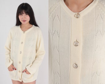 80s Cardigan Off White Pointelle Knit Sweater Button Up Grandma Sweater Girly Basic Boho Retro Plain Acrylic Vintage 1980s Medium Large