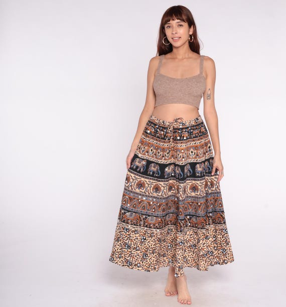 Sequin Elephant Skirt 90s Bohemian Print Cotton Tie Waist Tiered Floral Orange Black Beige Earth Tone Cottagecore Hippie One Size Medium M