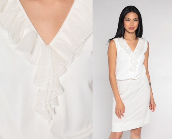White Mini Dress 70s Blouson Dress Ruffled V Neck… - image 1