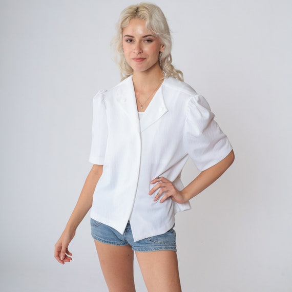 Puff Sleeve Top 70s White Blouse Open Front Shirt Retro Basic Simple Plain Minimal Short Sleeve Summer Jacket Vintage 1970s Extra Large xl