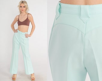 Mint Trousers 70s Flare Leg Pants High Waisted Rise Creased Seventies Bell Bottoms Western Pastel Vintage 1970s Panhandle Slim Small S 27