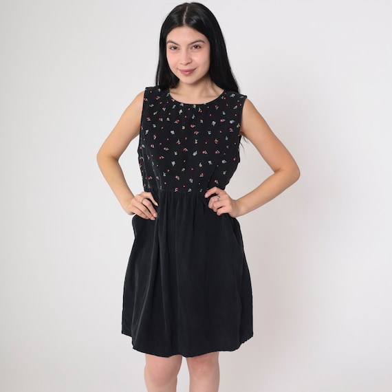 Black Corduroy Dress 90s Floral Embroidered Mini Dress Sleeveless Jumper Dress High Waisted Day Dress Retro Vintage 1990s Fads Petite Small