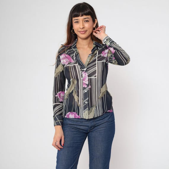 Vintage Sheer Floral Blouse 70s Black Striped Boho Top Button Up Shirt Bohemian Long Sleeve Shirt 1970s Hippie Dagger Collar Top Small S