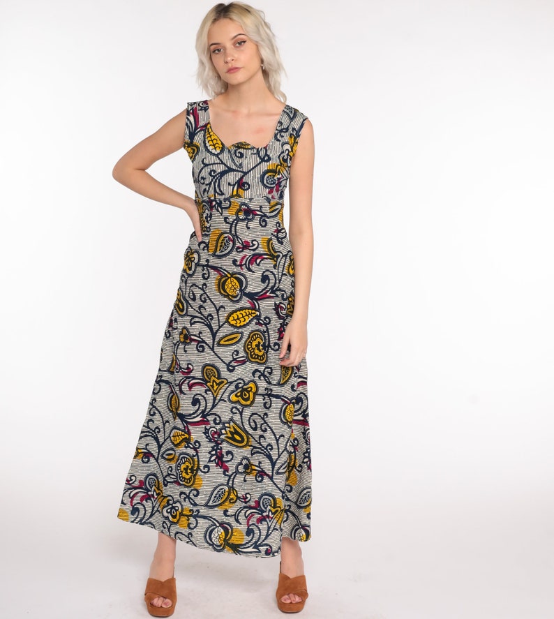 Batik Dress Floral Maxi 90s Sundress Empire Waist Boho Hippie Sun 1990s Bohemian Shift Vintage Sleeveless Blue Yellow Indonesian Small image 3