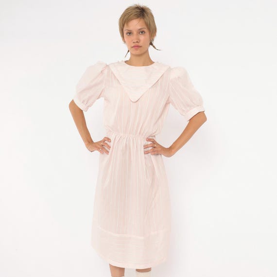 80s Pink Striped Midi Dress Puff Sleeve Sailor Collar Cotton Pastel Pinstripe White Elastic Waist Yoke Prairie Blush Sheer Vintage Small S