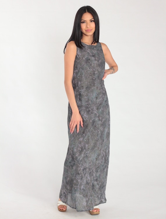 Grey Floral Dress Y2k Maxi Party Dress All That Jazz Sleeveless Purple Flower Print Bohemian Hippie Formal Glam Cocktail Vintage 00s Large L