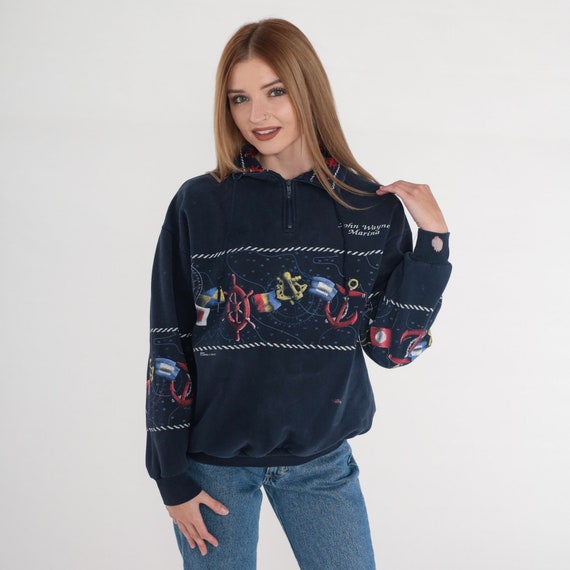 Sailing Sweatshirt 90s Navy Blue Quarter Zip Sweatshirt John Wayne Marina Celestial Stars Constellation Graphic Shirt Vintage 1990s Medium M