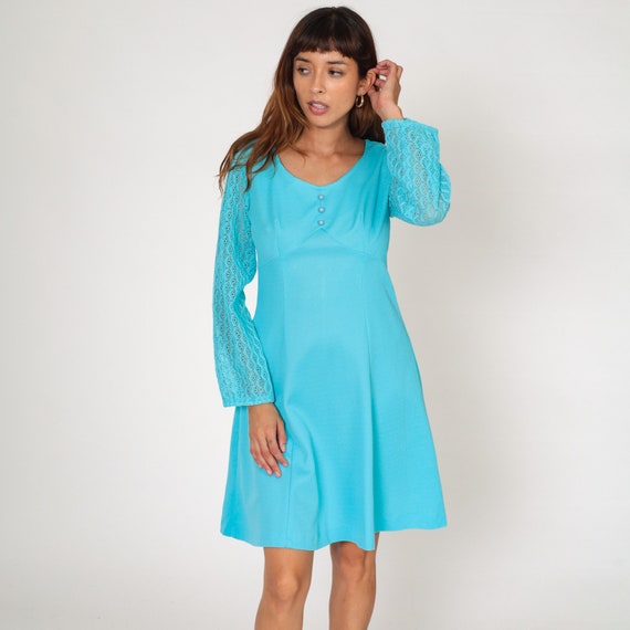 Turquoise Babydoll Dress 60s 70s LACE SLEEVE Mod Mini Blue Boho Empire Waist Dress 1970s Bohemian Hippie Vintage Minidress Crochet Medium 8