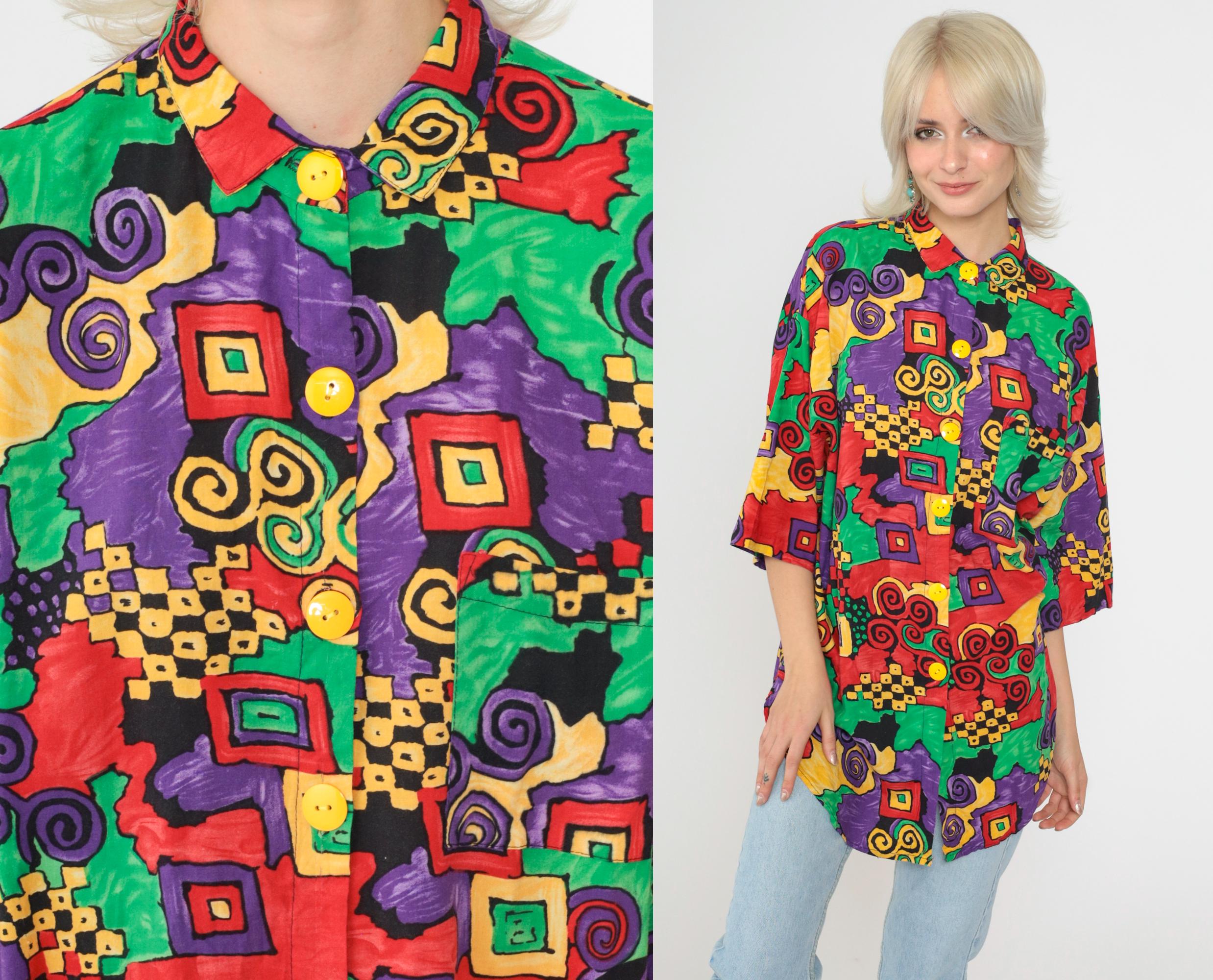 90s Geometric Button up Shirt Patchwork Swirl Print Shirt Bright