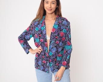 90er Floral Blazer Offene Front Kimono Jacke Langarm Blau Lila Petrol Rose Rosen Druck Vintage Leicht Frühling Sommer Schichtung Medium M