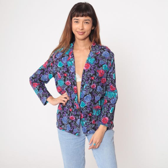 90s Floral Blazer Open Front Kimono Jacket Long Sleeve Blue Purple Teal Pink Rose Print Vintage Lightweight Spring Summer Layering Medium M