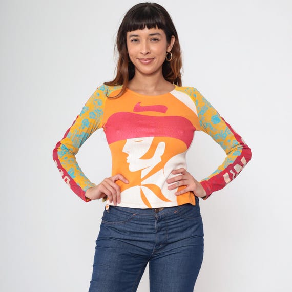 Vintage Graphic Long Sleeve Shirt Y2K Spanish Colorblock Matador Print Top 2000s Bright Fitted Tee Custo Barcelona Color Block Small 4