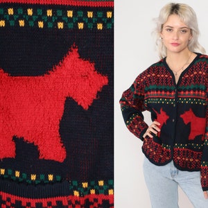 Scottie Dog Sweater 90s Button up Knit Cardigan Scottish Terrier Dog Print Striped Navy Blue Red Green Acrylic Vintage 1990s Tally Ho Medium image 1