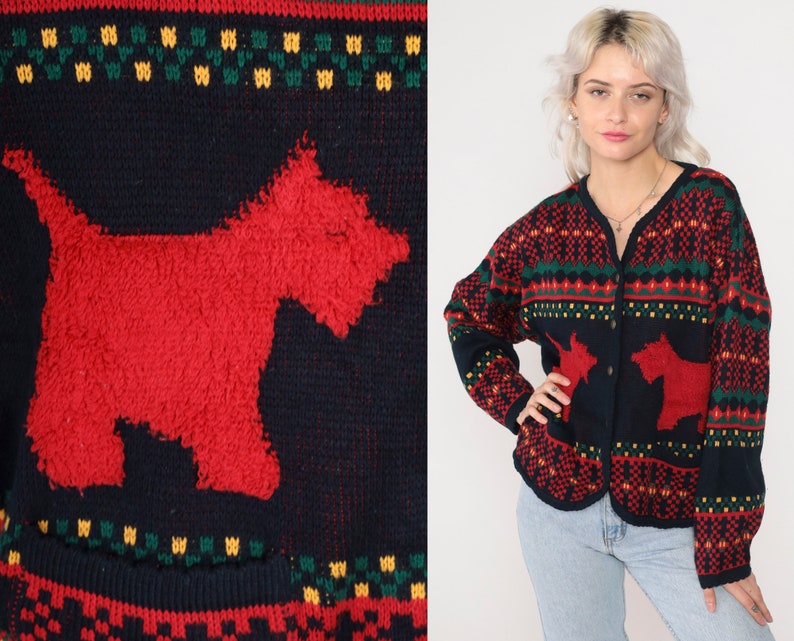Scottie Dog Sweater 90s Button up Knit Cardigan Scottish Terrier Dog Print Striped Navy Blue Red Green Acrylic Vintage 1990s Tally Ho Medium image 1