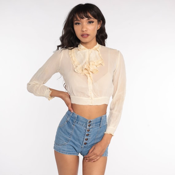 Antique Blouse Cream Chiffon Blouse 40s TUXEDO RUFFLE Crop Top Button Up 1940s Victorian Blouse Delicate Dreamy Vintage Shirt Extra Small xs
