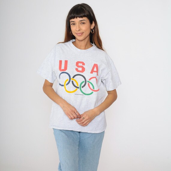 Vintage USA Rings Graphic T-Shirt 90s Hanes Heavyweight Gray Made In USA Sport Print Tee 1990s Cotton Medium Large