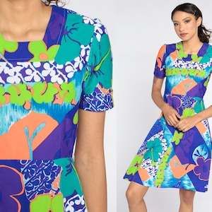 70s Floral Dress Neon Psychedelic Purple Mod Mini Puff Sleeve Dress Boho Hippie High Waist Vintage Bohemian 1970s Minidress Small 4