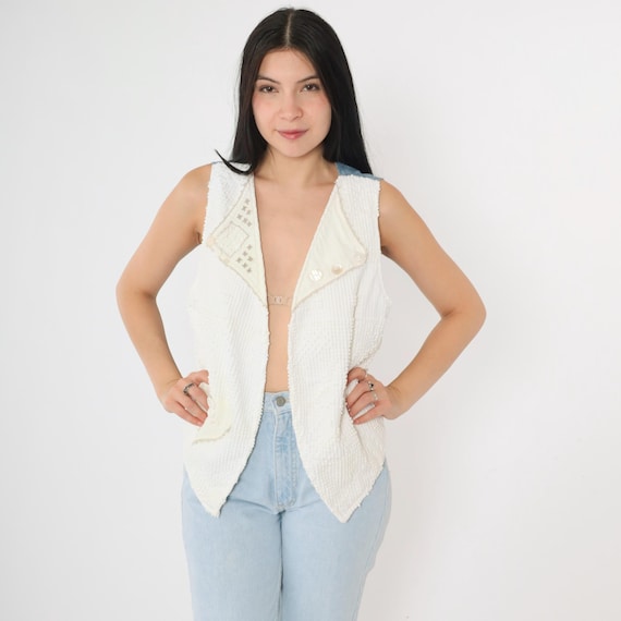 Vintage 90s Reversible Vest White Nubby Texture Lace Floral Chambray Back Decorative Buttons Open Front Lightweight Medium M