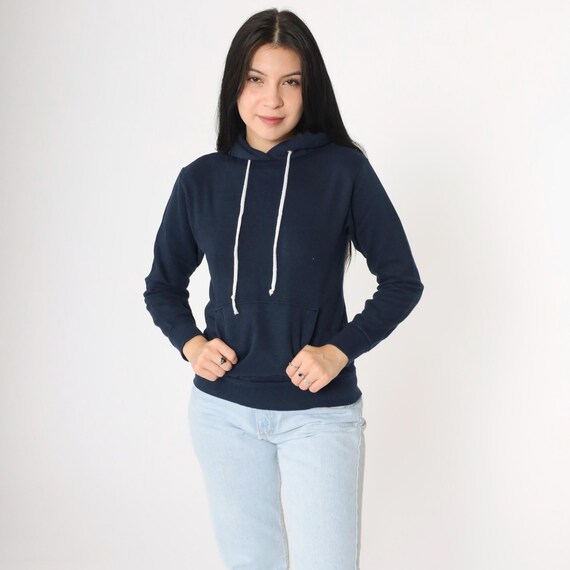 Vintage 80s Navy Hoodie Sweatshirt xs Plain Shirt Hood 1980s Sweater Dark Blue Hooded Drawstring Neck Sportswear Athleisure Extra Small xs