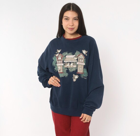 90s Bird Birdhouse Sweatshirt Navy Blue Burgundy Collar Pullover Nature Wildlife Novelty Morning Sun Grandpa Cozy Knit Vintage Extra Large