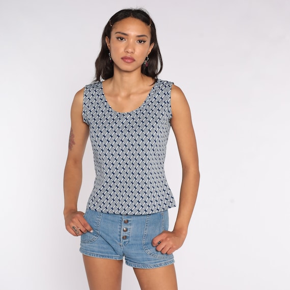 Geometric Tank Top 70s Hippie Blouse Boho Shirt Blue Checkered Shirt Mod Sleeveless Vintage Bohemian 1970s Small s