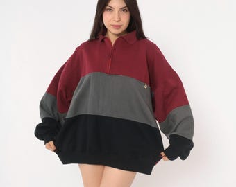 90s Color Block Sweatshirt Burgundy Gray Black Quarter Zip Pullover Boxy Fit Long Sleeve Chest Pocket Grunge Preppy Vintage Extra Large XL