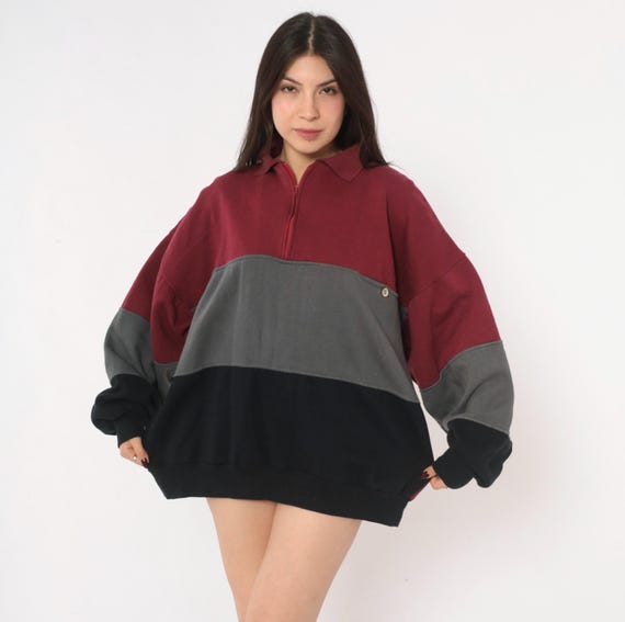 90s Color Block Sweatshirt Burgundy Gray Black Quarter Zip Pullover Boxy Fit Long Sleeve Chest Pocket Grunge Preppy Vintage Extra Large XL