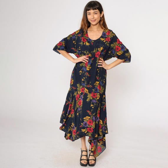 Vintage 90s Navy Floral Dress Asymmetrical Hem Maxi Scoop Neck Blue Long Drop Waist Hanky Hem Grunge Short Sleeve Dress 1990s Medium M