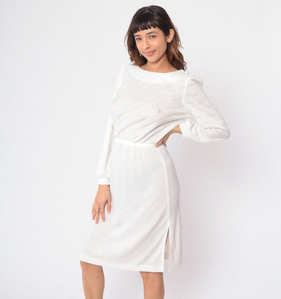 White Acrylic Dress 80s Diagonal Striped Midi Dress Knit Puff Sleeve Blouson Dress 1980s High Waist Button Shoulder Vintage Retro Small S
