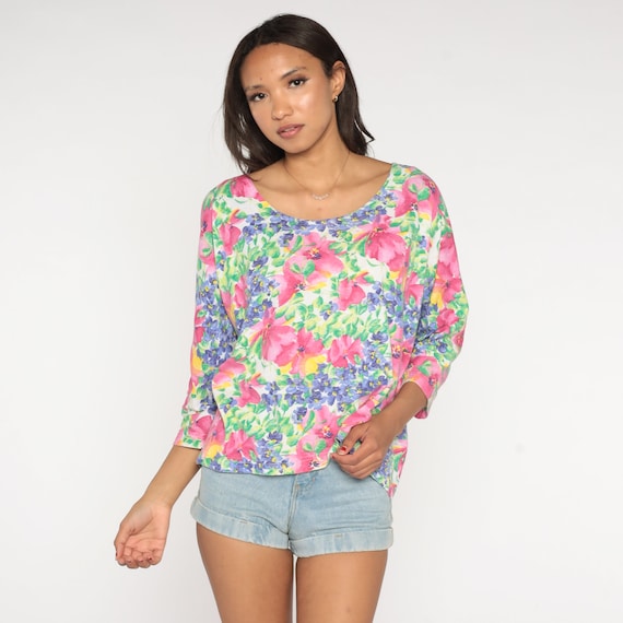 90s Floral Shirt Bright Long Sleeve Shirt Flower Print Tshirt Pullover Summer Top Retro Vintage 1990s Cotton Blend Oversized Large xl 14 16