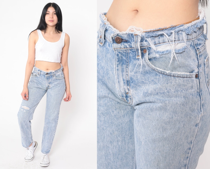 Ripped Levis Jeans 80s Acid Wash Distressed Jeans Slim Straight Leg Jeans 90s Mom Jeans Denim Pants Mid Rise Waist 1980s Small image 1