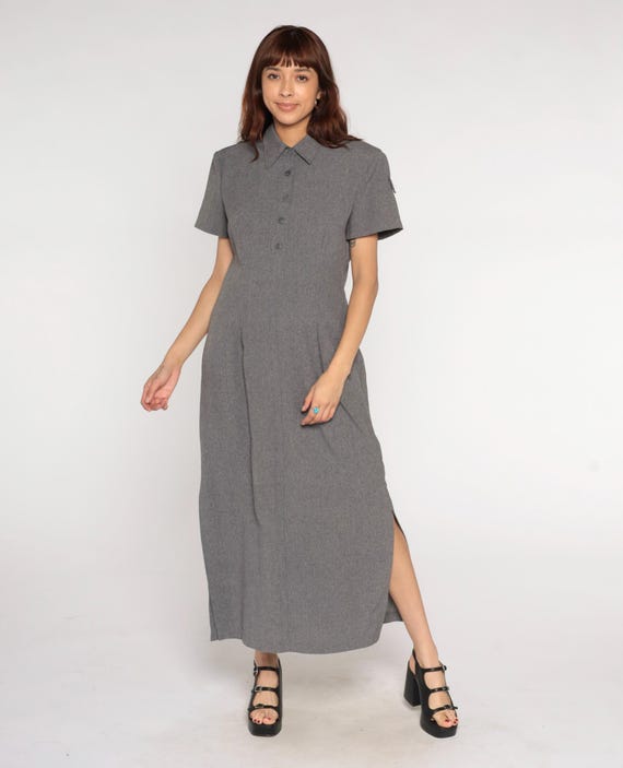 90s Grey Collared Dress Short Sleeve Minimal Shirt Dress Vintage Grey Polo Neck T-Shirt Style Casual Column Long Summer Preppy Large L
