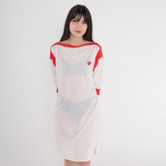 Heart Print Pajama Dress 80s Semi-Sheer White Red… - image 2