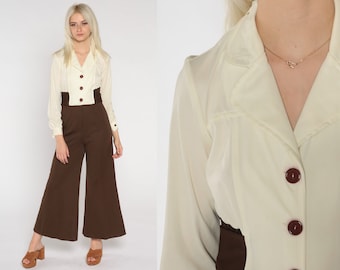 70s Bell Bottom Jumpsuit Cream Hippie Boho Jumpsuit Button Up Brown Wide Leg Pants High Waisted Bohemian Vintage 1970s Long Sleeve Medium M