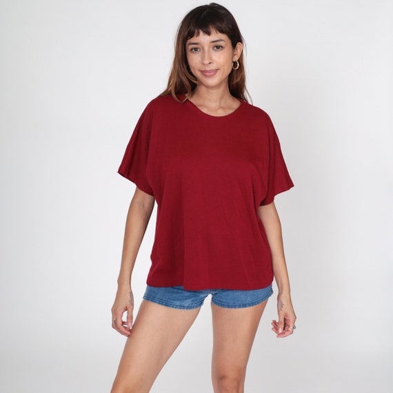Red Knit Shirt 80s Sweater Top Retro Short Sleeve Plain Basic Dark Red Blouse Normcore Vintage 1980s Extra Large xl 16