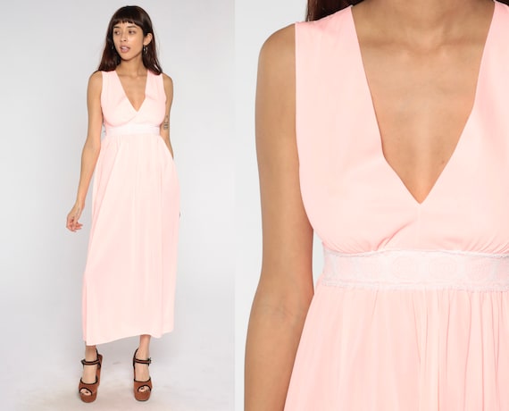 Bright Pink Slip Dress 70s Lingerie Nightgown Maxi V Neck Sleeveless Romantic Retro Nightie Empire Waist Pastel Boho Vintage 1970s Small S