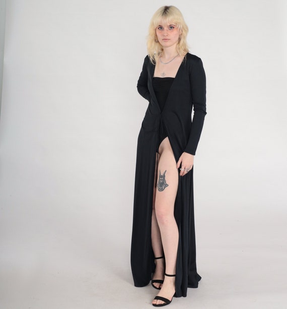 Long Black Robe 90s Silk Floral Embroidered Robe Maxi Jacket Sheer Mesh Deep V Neck Fredericks of Hollywood Dress Jacket Vintage 1990s Small
