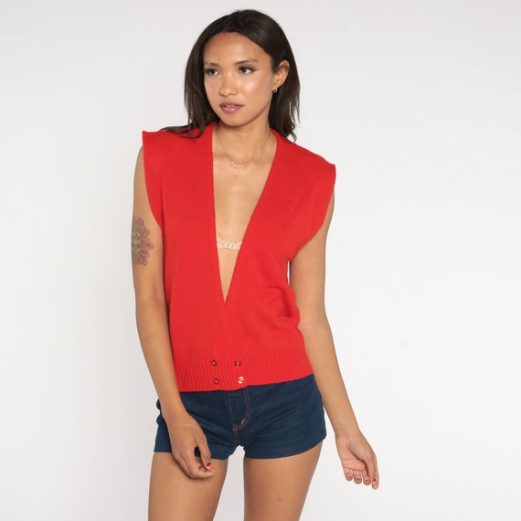 80s Deep V Neck Top Knit Cap Sleeve Sweater Vest Plunging V Neck Tank Button Up 1980s Retro Plunge Neck Top Vintage Small