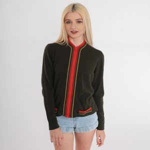 Olive Green Cardigan 80s Wool Knit Zip Up Sweater Top Red Striped Preppy Jumper Earth Tone Fall Neutral Knitwear Cozy Vintage 1980s Small S image 2