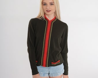 Olive Green Cardigan 80s Wool Knit Zip Up Sweater Top Red Striped Preppy Jumper Earth Tone Fall Neutral Knitwear Cozy Vintage 1980s Small S