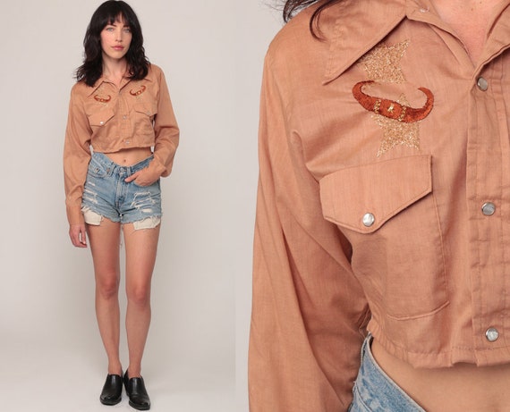 Western Crop Top GOLD STAR Shirt Crop Top 80s Blouse Bull Horn Cowboy Pearl Snap 70s Button Up Vintage Long Sleeve Tan Small Medium